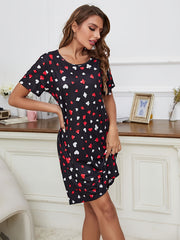 Heart Print Nightdress Short Sleeve Sleep Dress Women's Sleepwear