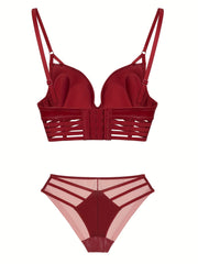 Solid Push Up Bra & Cut Out Panties Lingerie Set