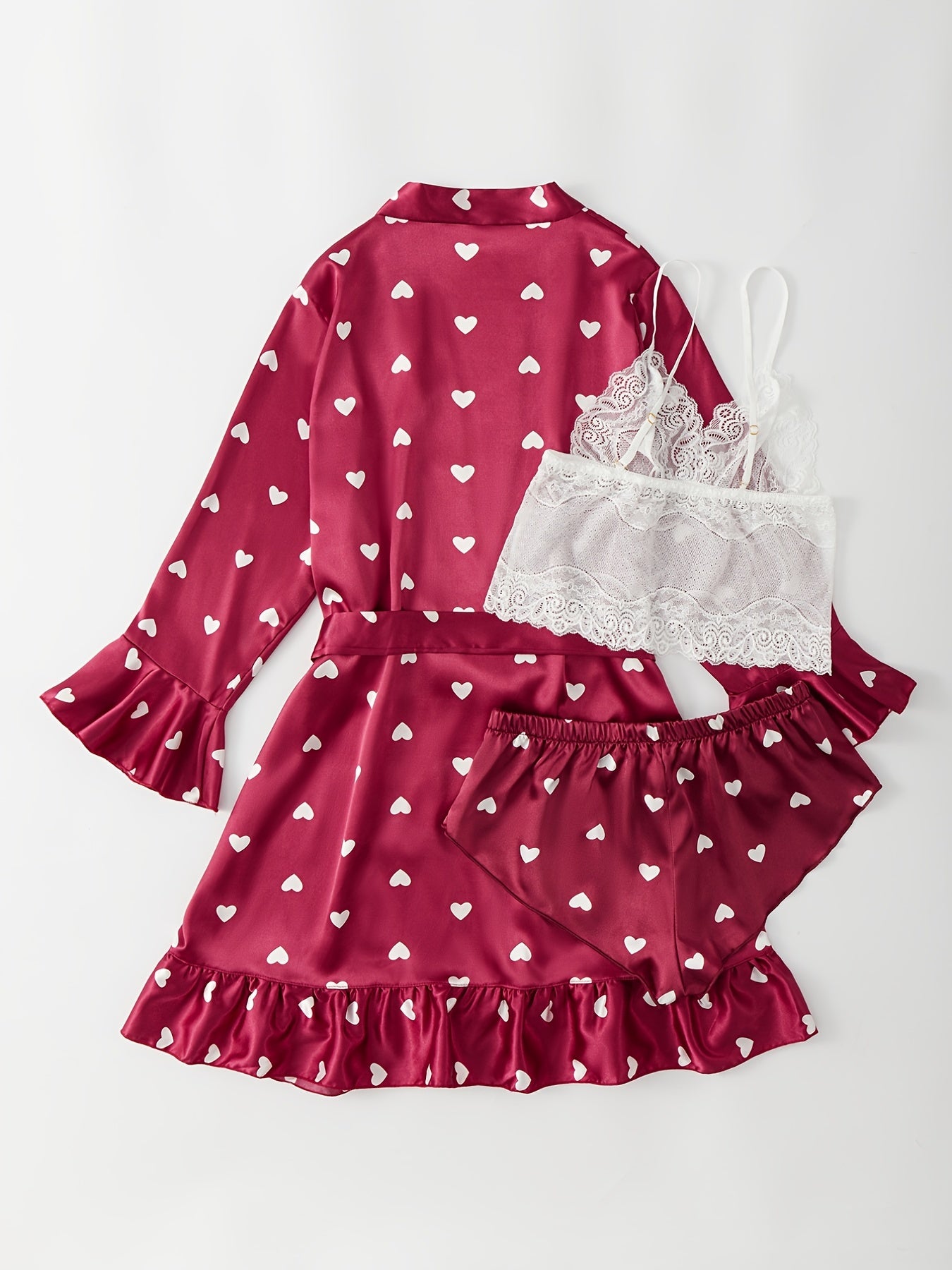 4 Pcs Heart Print Nightgown Pajamas Ruffled Long Sleeve Set