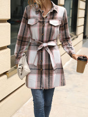 Plaid Belted Jacket Long Sleeve Fall Winter Women's Clothing
