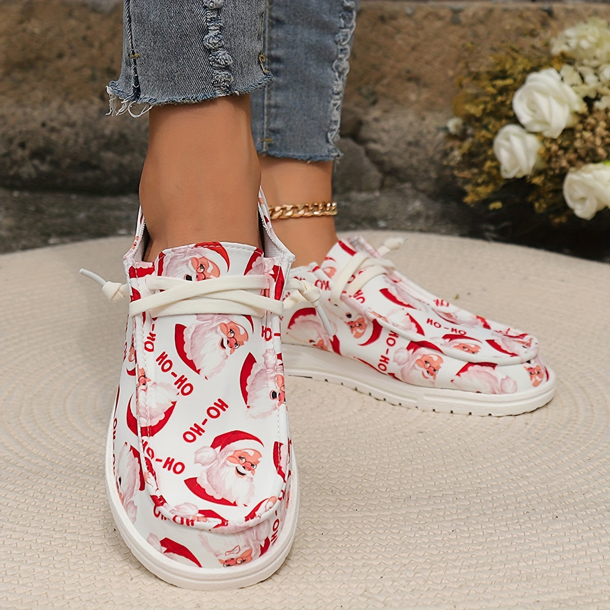 Christmas Santa Print Slip-On Canvas Sneakers Lightweight Loafers Shoes