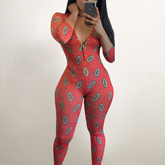 Rugby Print Lounge Jumpsuit Long Sleeve V Neck Buttons Jumpsuit