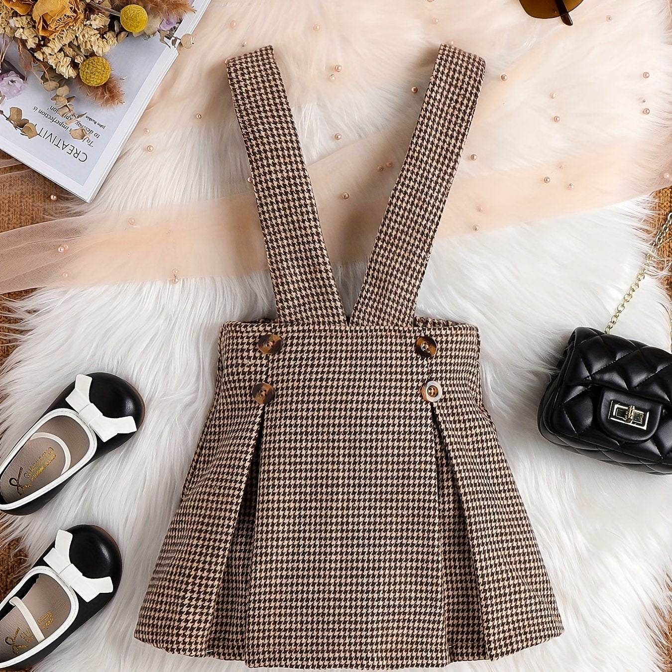 Vintage Houndstooth Overall Skirt For Girls