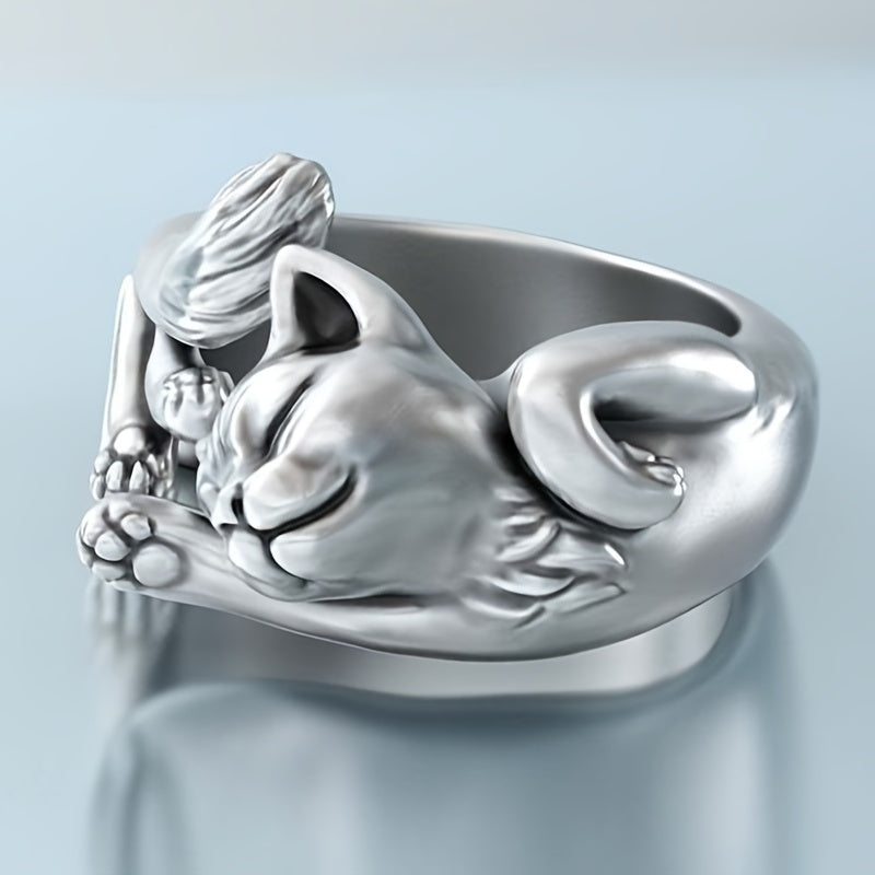 Vintage Silver Plated Cat Totem Ring - Kitty Opening Cat Ring