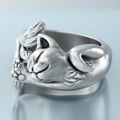 Vintage Silver Plated Cat Totem Ring - Kitty Opening Cat Ring