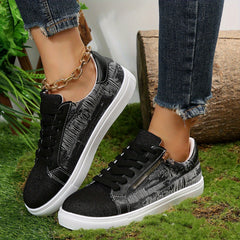 Women's Denim Flat Sneakers Lace Up & Zipper Low Top Shoes