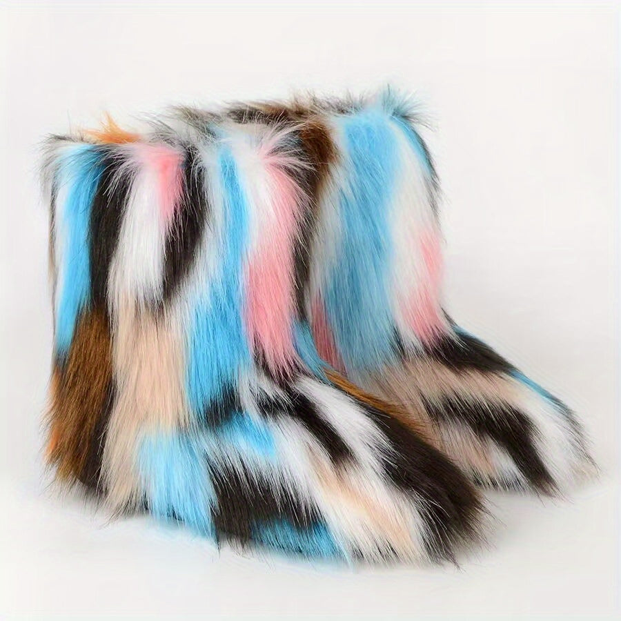 Women's Warm Furry Mid Calf Boots Slip On Snow Boots