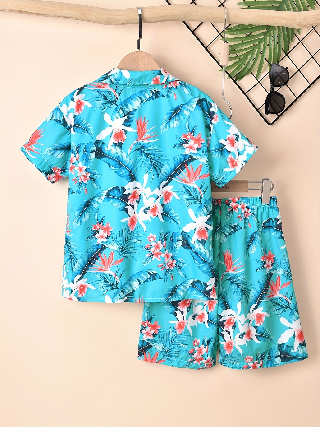 Boys Flowers & Leaves Print Casual Outfit Short Sleeves Shirt & Shorts