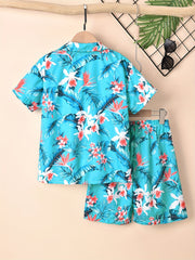 Boys Flowers & Leaves Print Casual Outfit Short Sleeves Shirt & Shorts