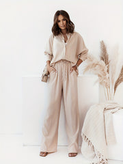 Solid Button Up Blouse & Wide Leg Pants Set