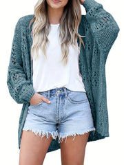 Solid Crochet Knit Long Sleeve Open Front Cardigan
