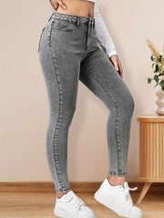 Grey Stretch Skinny Jeans Slash Pocket Zipper Button Closure Denim Pants