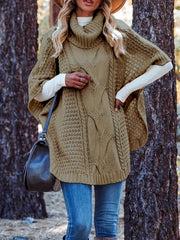 Solid Cable Bat Sleeve Turtle Neck Jumper