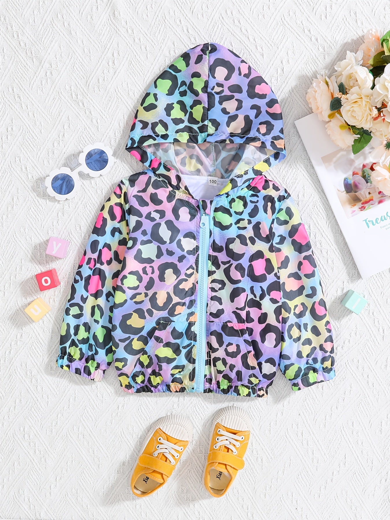 Toddler Girls Rainbow Leopard Print Zip Hooded Jacket