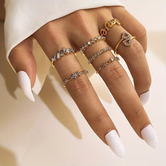 7pcs Golden Letter Love Rhinestone Joint Ring Set For Women