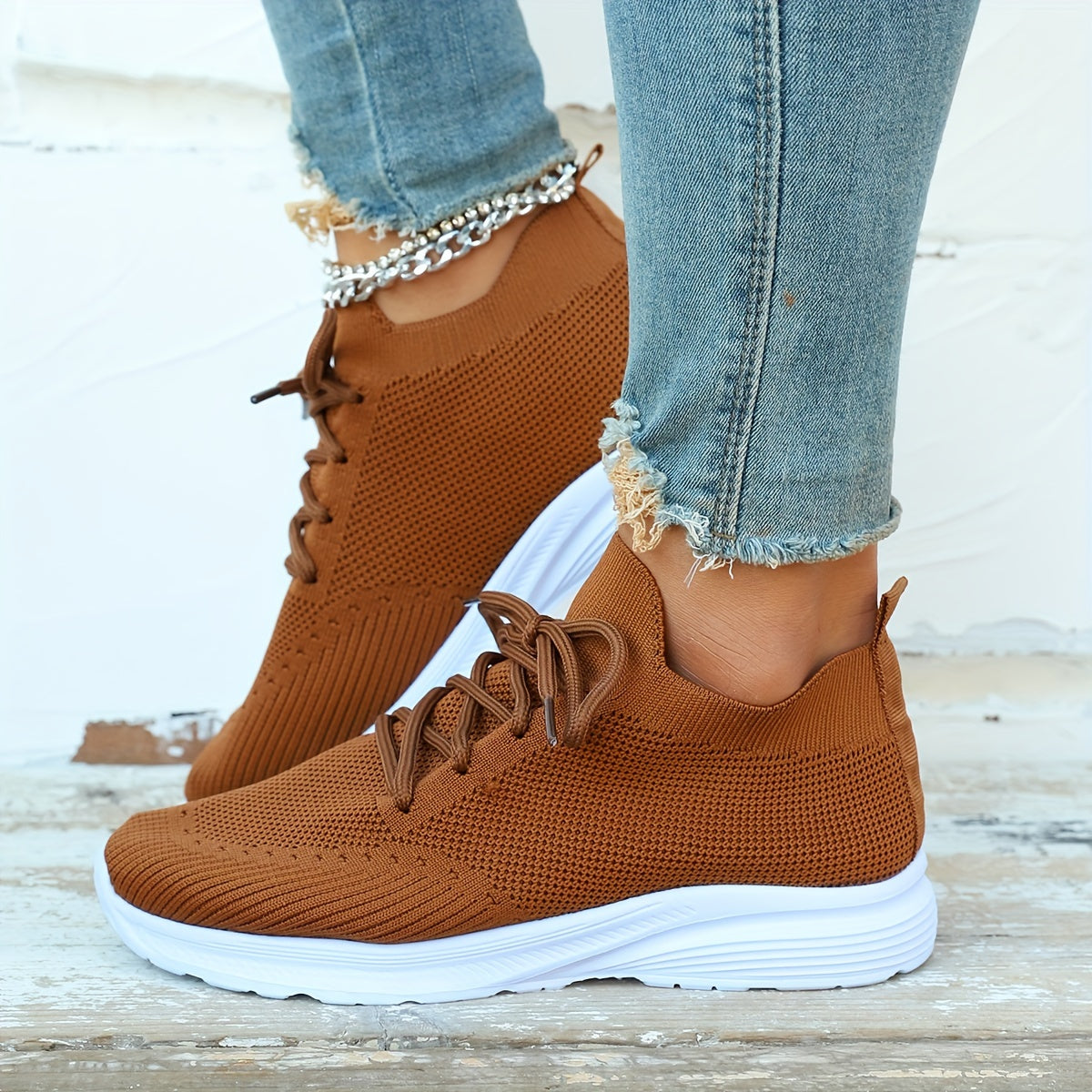 Women's Breathable Knit Sneakers Casual Lace Up Outdoor Shoes
