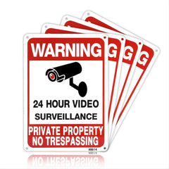 4pcs No Trespassing Signs Private Metal 24 Hour Video Surveillance Signs