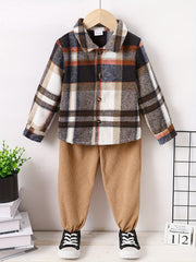 Boy's Plaid Shirt & Corduroy Pants Set Comfortable Casual Outfits for Kids