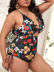 Allover Print Lace Up Crisscross Back One Piece Swimsuit