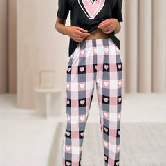 Heart & Letter Graphic Tee & Plaid Print Pants Pajama Set