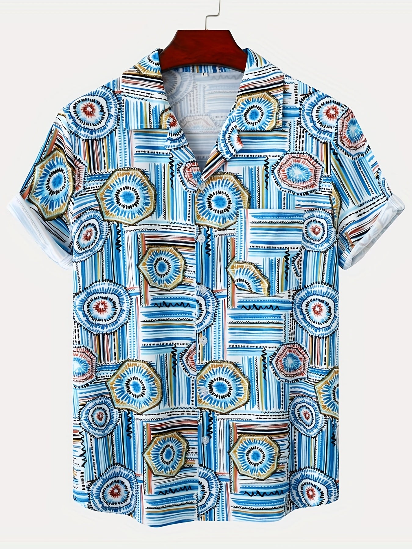 Geometric Print Men s Short Sleeve Hawaiian Shirt For Vacation