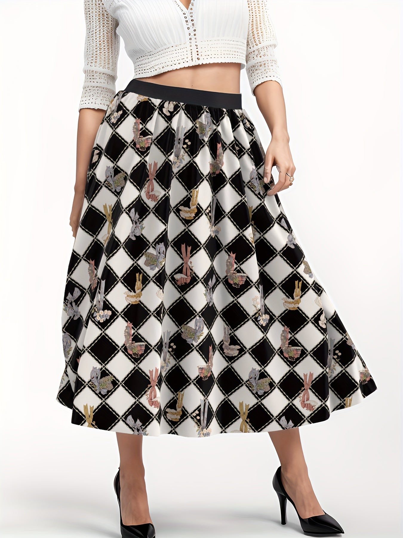 Flower Basket & Argyle Print Maxi Skirt