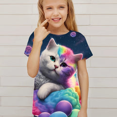 Tie Dye Kitty Graphic T shirt Girls Short Sleeve Top