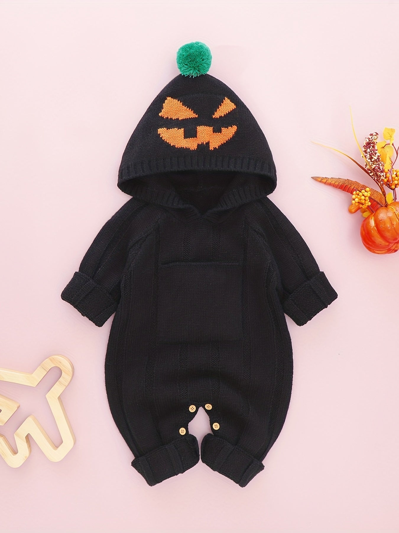 Baby Pumpkin Pattern Sweater Knit Bodysuit Halloween Party Hooded Romper
