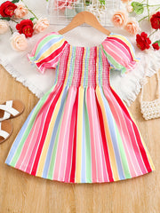 Girls Short Bubble Sleeve Block Shirred Dress Kids Summer Clothes