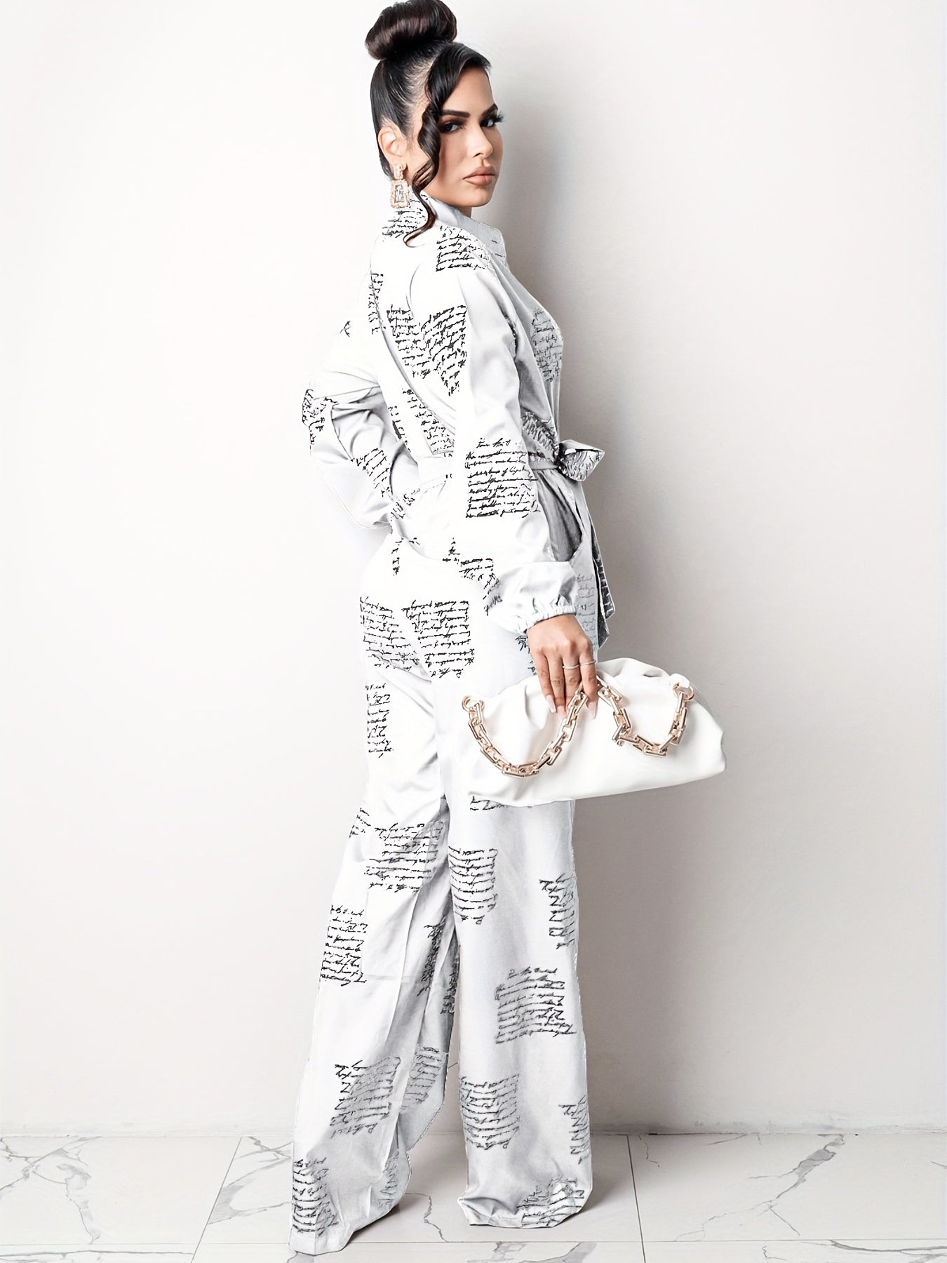 Letter Print Tie Front Jumpsuit Long Sleeve Women's Clothing