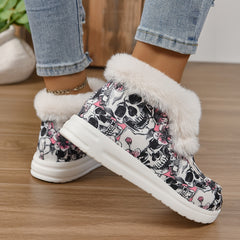 Skull Print Plush Lined Snow Boots High Top Warm Loafers