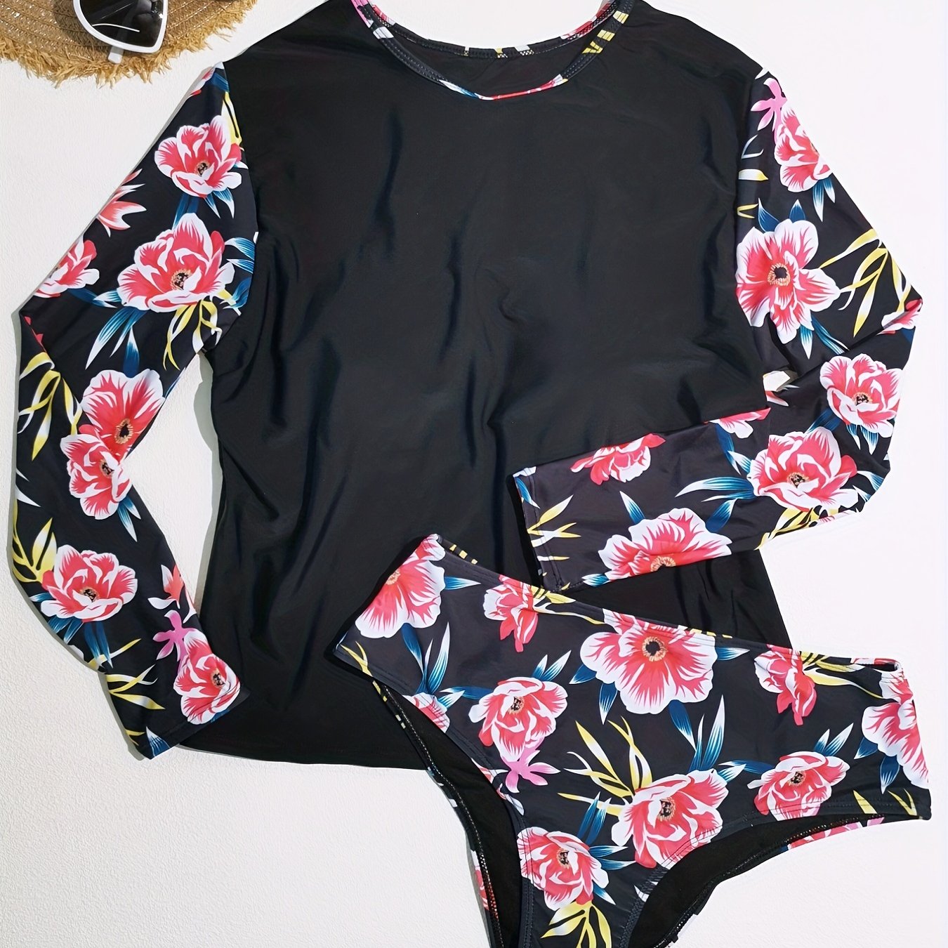 Plus Floral Print Top & Bikini Set, Long Sleeve, Modest Style