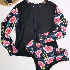 Plus Floral Print Top & Bikini Set, Long Sleeve, Modest Style
