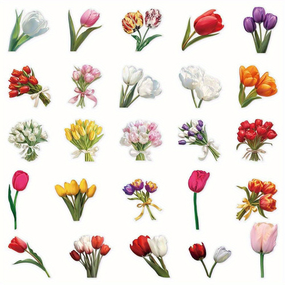 50pcs JJIJIAN Tulip Flower Stickers Reusable Self Adhesive Decals