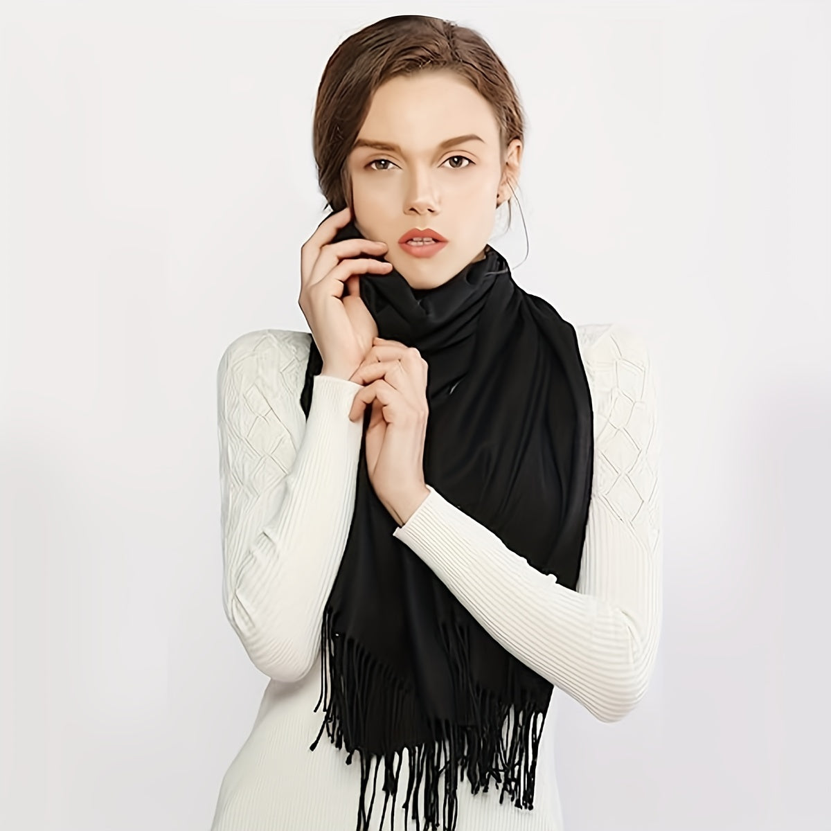 Monochrome Fringed Shawl Wrap Y2K Retro Cashmere Scarf