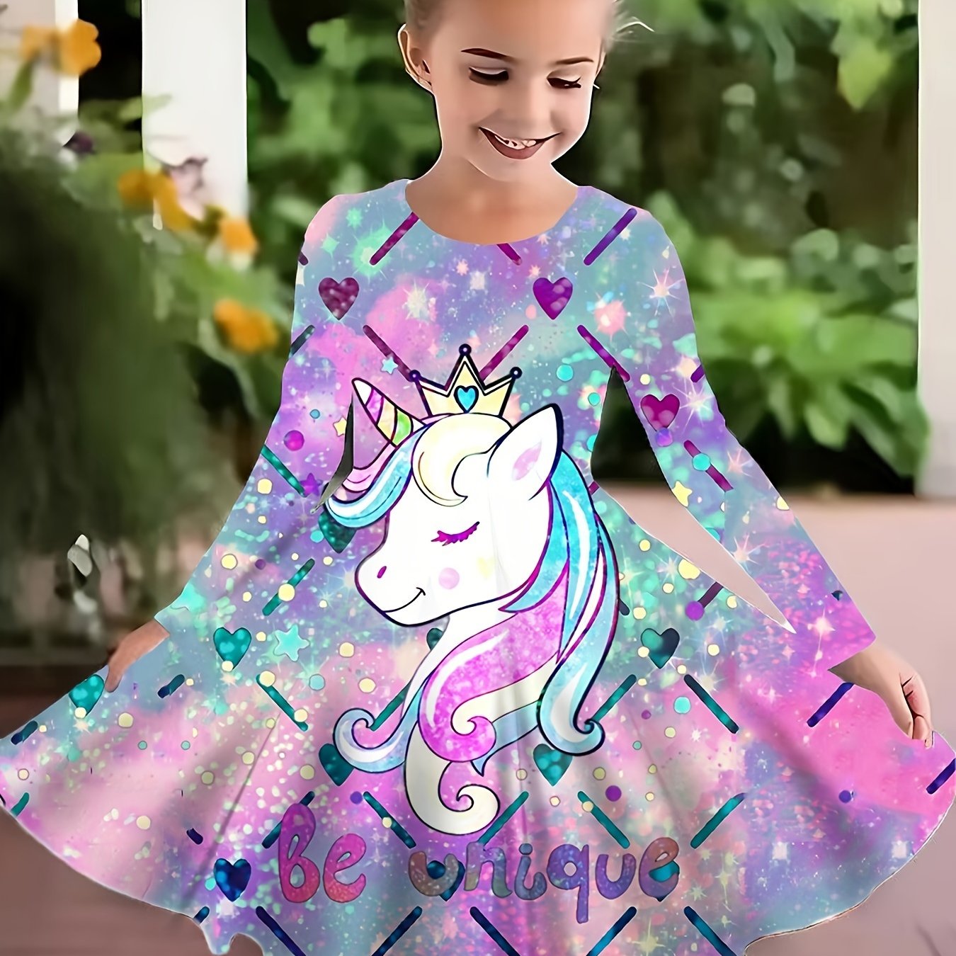 Girls Dreamy Unicorn Graphic Long Sleeve Dress