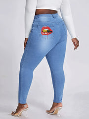 Washed Button Fly Lip Print High Rise Skinny Jeans