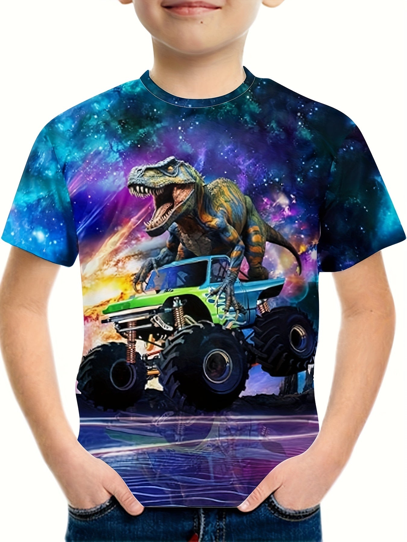 Dino Truck 3D Print Boy's T-shirt Short Sleeve Casual Summer Top