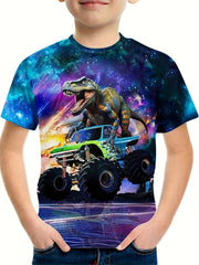 Dino Truck 3D Print Boy's T-shirt Short Sleeve Casual Summer Top