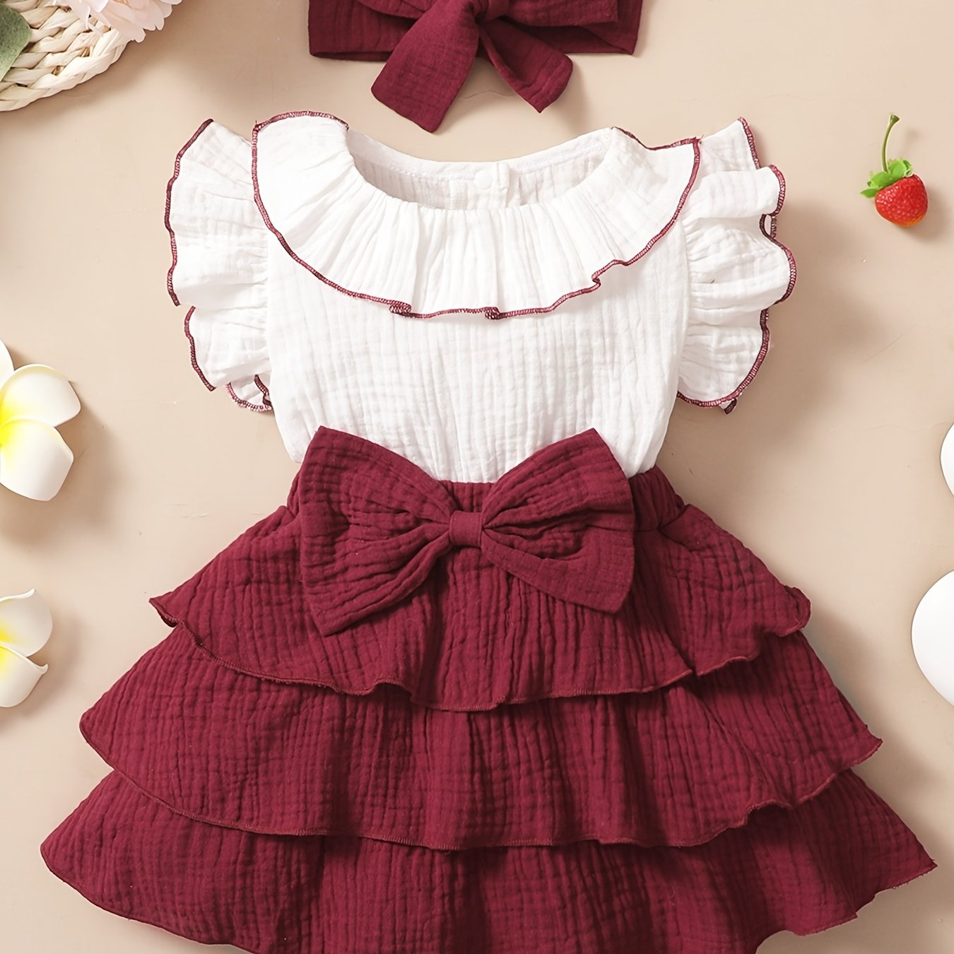 2pcs Baby Girls Bowknot Ruffle Sleeve Dress & Headband Set