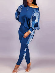 Patchwork Casual 2pc Set Long Sleeve Top & Long Pants