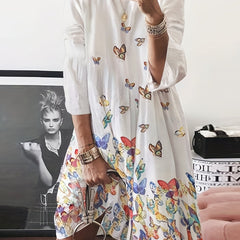 Casual Butterfly Print Long Sleeve Stretch Dress