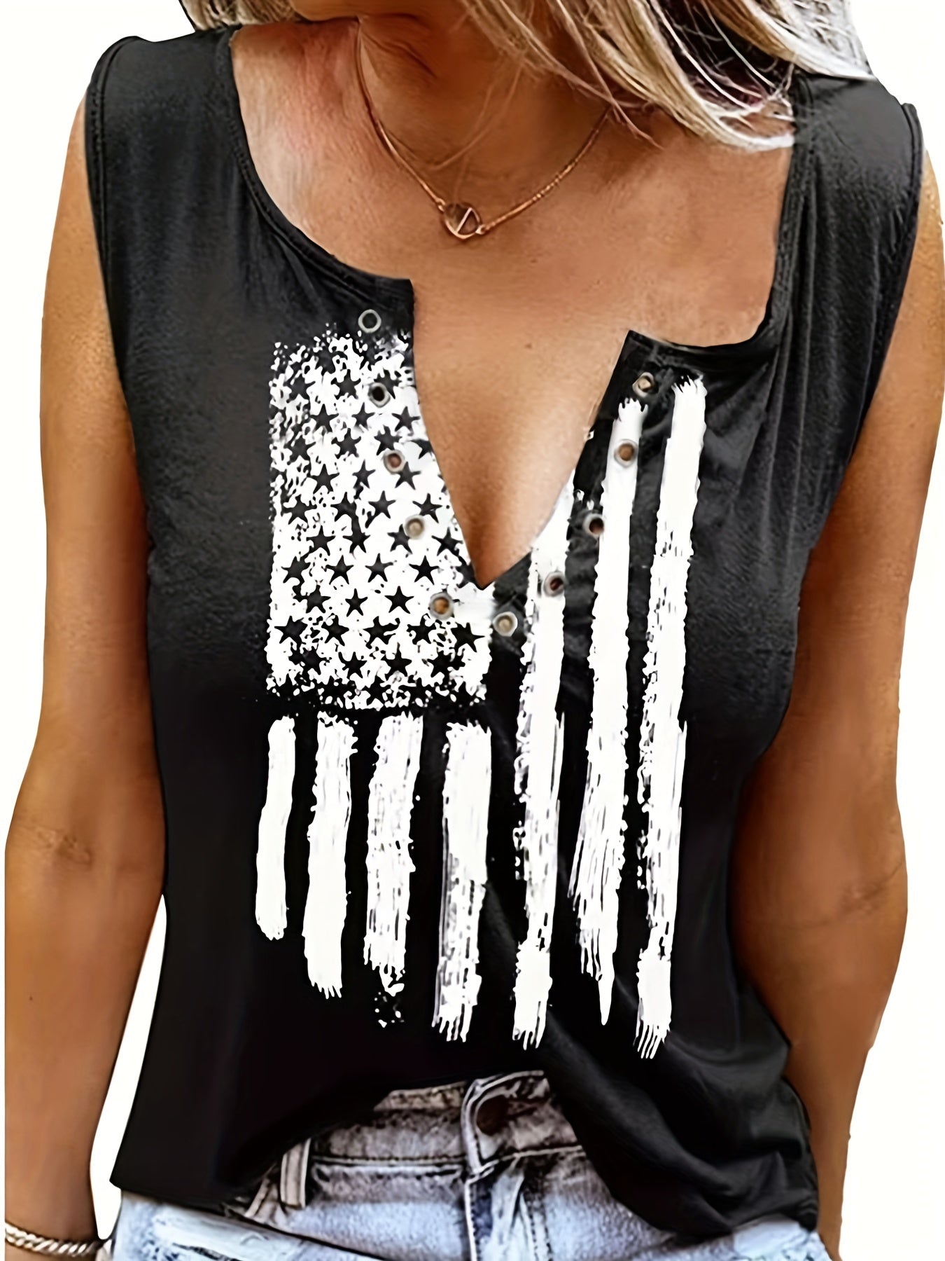 Women's Flag Print Tank Top V-Neck Sleeveless Casual Top