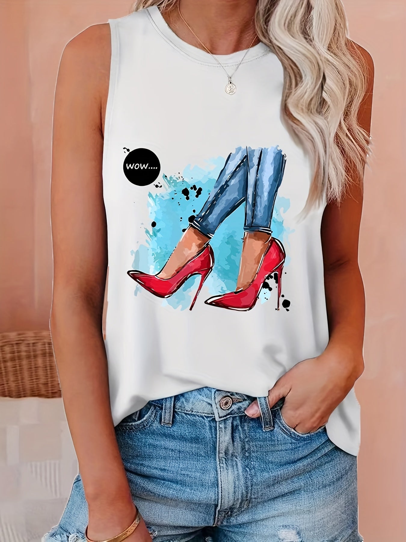Graphic Print Crew Neck Tank Top for Summer Women's Clothing