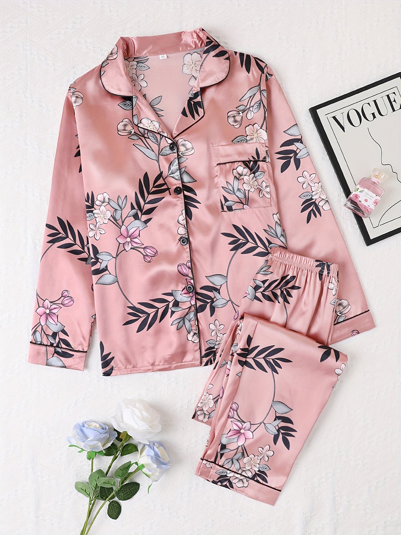 Floral Pajama Set Long Sleeve Top & Elastic Waistband Pants Women's Sleepwear