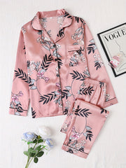 Floral Pajama Set Long Sleeve Top & Elastic Waistband Pants Women's Sleepwear