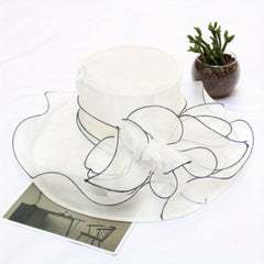 Wide Brim Organza Sun Hat Mesh Breathable Derby Church Hat Flower Decor