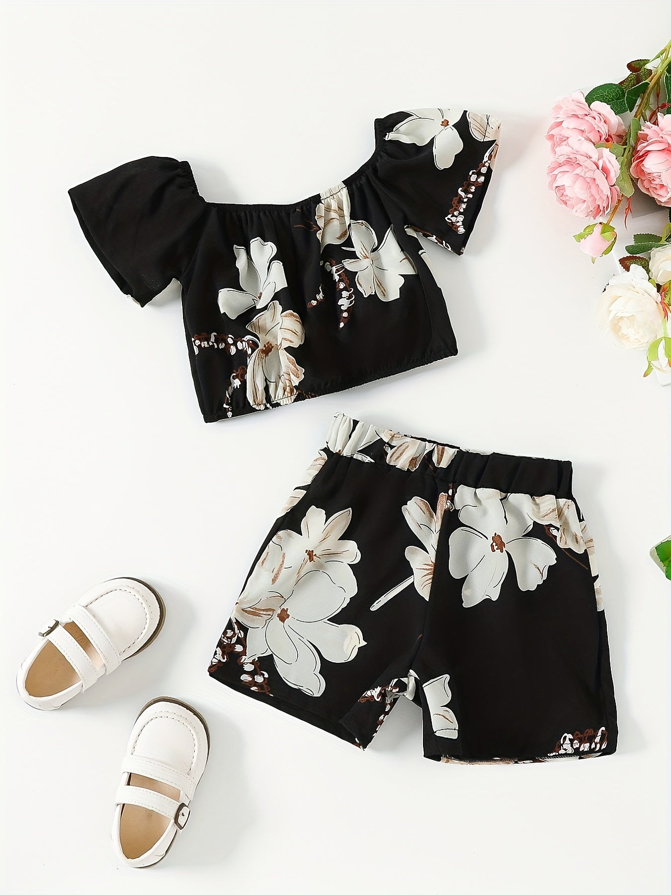 Girls Flower Graphic Off Shoulder Top & Shorts Set For Summer