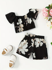 Girls Flower Graphic Off Shoulder Top & Shorts Set For Summer