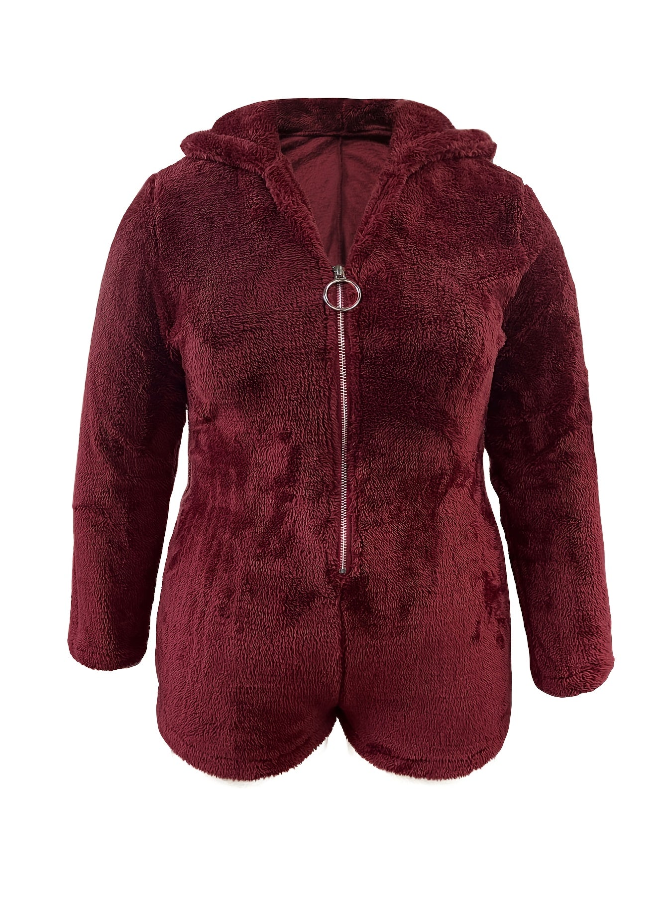 Solid Fleece Zip Long Sleeve Hooded Romper